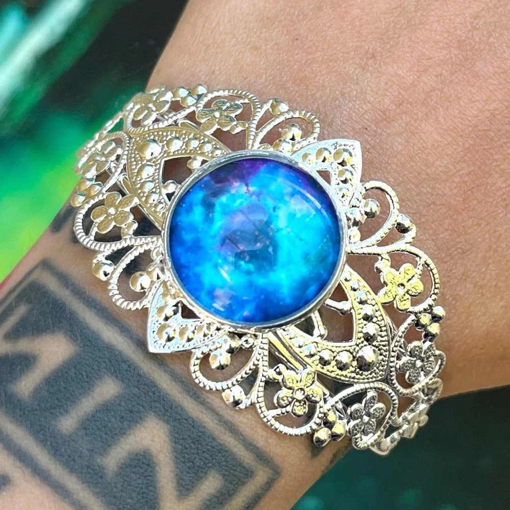 Handmade silver plated filigree galaxy planet adjustable cuff bracelet